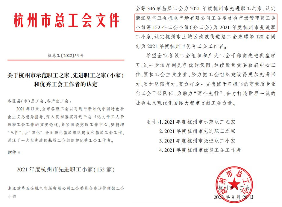 必赢市场管理部工会小组荣获“杭州市先进职 工小家”称号